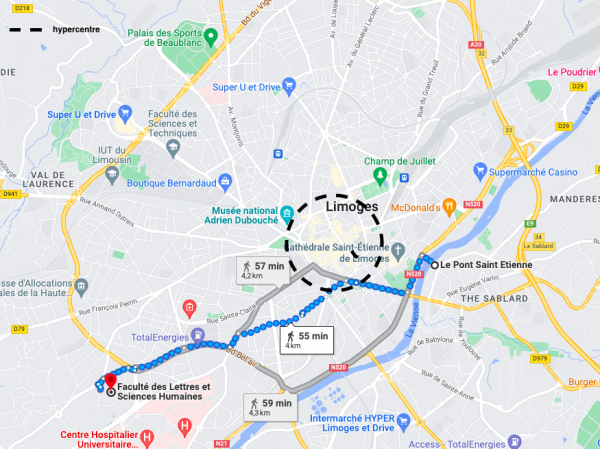 Figure 1 : Capture d’écran du trajet proposé par Google Map pour relier la FLSH au restaurant