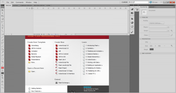 Figure 1. Adobe Flash CS5 : interface à l’ouverture de l’outil-logiciel