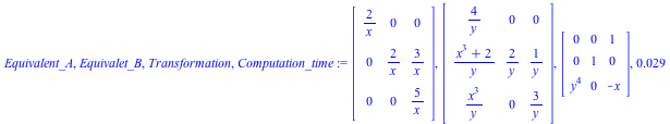 Equivalent_A, Equivalet_B, Transformation, Computation_time := Matrix(%id = 18446744078272777022), Matrix(%id = 18446744078272777142), Matrix(%id = 18446744078272777262), 0.29e-1