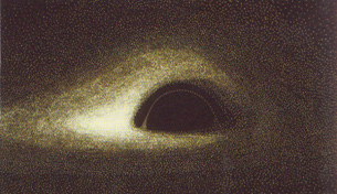 Figure 9. Jean-Pierre Luminet, Apparence lointaine d’un trou noir sphérique entouré d’un disque d’accrétion. Photographie virtuelle d’un trou noir, calculée en 1978 sur ordinateur. Image reproduite avec l’autorisation de l’auteur.