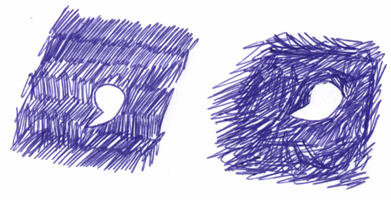 Fig. 12.  Deux exemples de hachure utilisables dans les travaux au stylo autour des formes sélectionnées par Boetti (ici : apostrophe) (d'après A. Boetti)