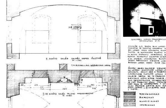 Fig. 14 : Coupe verticale sur voûtes et coupe horizontale sur murs, même lieu et même échelle (Bibliothèque, premier étage, extrémité nord), mises en correspondance verticale). (Archives DHC).