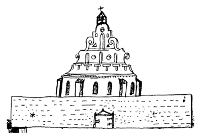 Fig. 20 : Extrait du plan de 1582: la façade de l’église St Jean se profile derrière le mur qui ferme la Grande Cour vers l’Ouest. (BnF, Paris)
