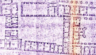 Fig. 27 : Plan de 1802, Cour de la Bibliothèque. Un corps de bâtiment bas sépare la cour de la rue de l’Université. (Archives DHC).
