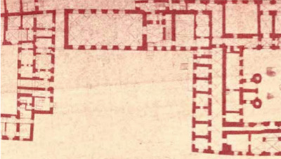 Fig. 28 : Plan de 1921, Cour de la Bibliothèque. Le bâtiment bas a été démoli et la cour est ouverte sur la rue de l’Université. (Archives DHC).