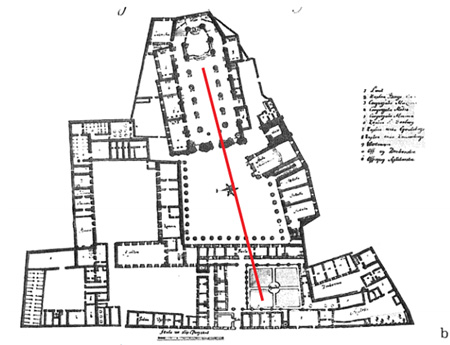Fig. 33 : Axe Herbarium-Église St Jean, passant par la Grande Cour. Noter que ce plan de 1773 (non conservé dans les archives DHC) figure le jardin des herbes divisé en quatre secteurs.