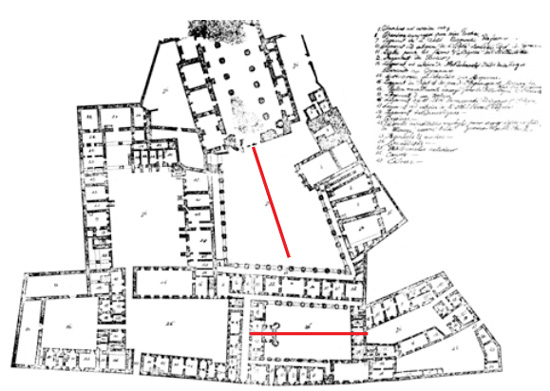 Fig. 41 : Axes d’allongement de la Cour de l’Observatoire et de la Grande Cour, portés sur le plan de 1802 (nettoyage numérique sur Archives DHC).