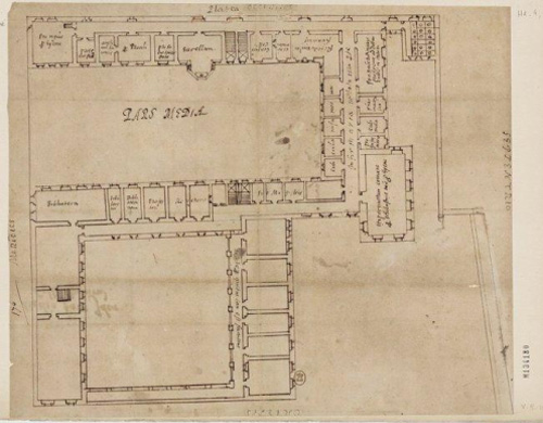 Fig. 45 : Plan d’un projet de 1610, étage «médian». Noter que la cour orientale (en bas du dessin) est refermée par un corps de bâtiment (limité au rez-de-chaussée). Un local collectif, et des latrines se retrouvent à droite du dessin. Noter le changement de distribution entre étages. (BnF, Paris).