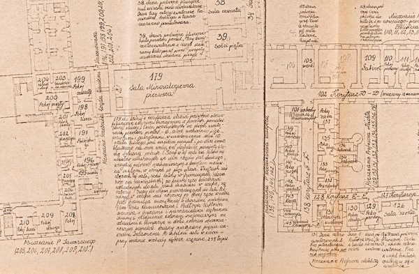 Fig. 55 : Plan de 1820, premier étage. L’espace de l’actuelle Bibliothèque est occupé par une Galerie de Minéralogie. (Archives DHC).