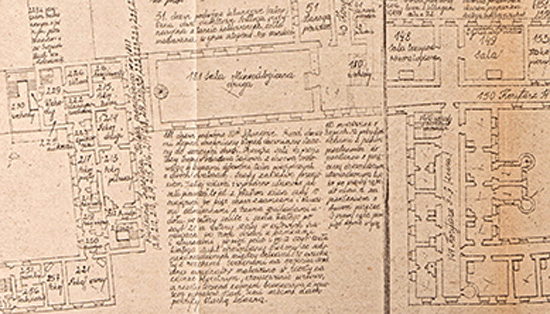 Fig. 56 : Plan de 1820, deuxième étage. L’espace de l’actuelle Bibliothèque est occupé par une Galerie de Minéralogie. (Archives DHC).