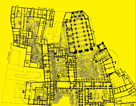 Fig. 6. : Sur fond jaune. Plan de 1997, dossier projetant des travaux. (Archives DHC).