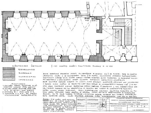 Fig. 78 : Plan du premier étage de la Bibliothèque. Les dessins schématiques des voûtes sont plus précis que dans la figure 77. Les hachures des murs désignent les périodes historiques de réalisation. 1997. (Archives DHC).