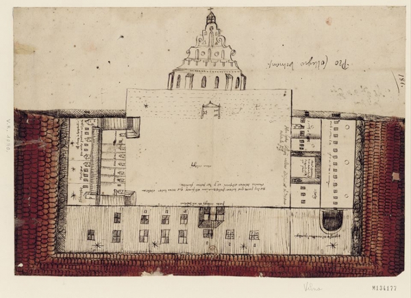 Fig. 8. : Plan de 1582. Les façades sont rabattues autour de la Grande Cour. Un mur diaphragme sépare l’Université de l’église St Jean. (BnF)