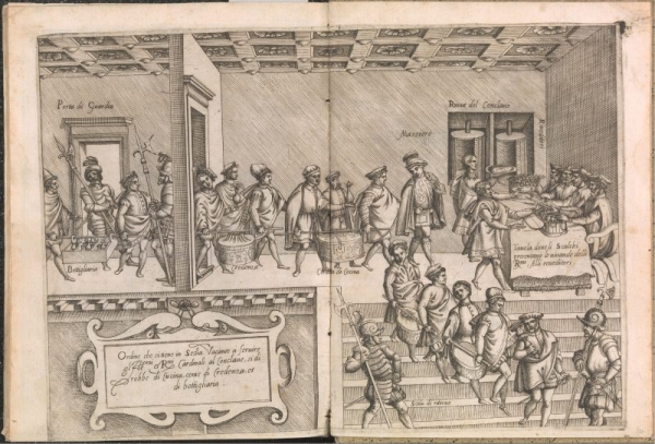 Fig. 13. Michele Tramezzino, Bartolomeo Scappi, cuoco segreto di Papa Pio V, 1570, gravure, 28x40 cm.