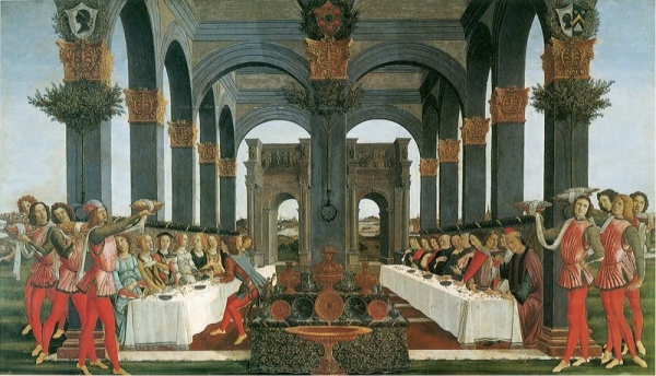 Fig. 7. Sandro Botticelli, Nastagio degli Onesti, quatrième épisode, Le banquet nuptial, 1483, tempera sur bois, 83x142 cm, Firenze, Palazzo Pucci.