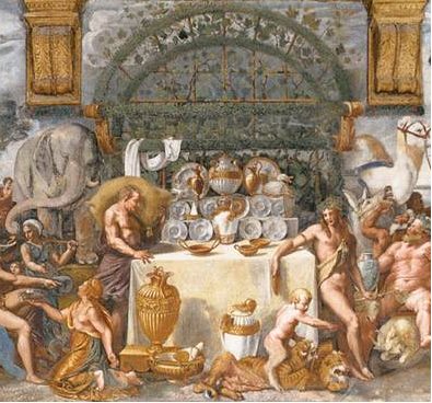 Fig. 8. Giulio Romano, Banquet nuptial d’Amour et Psyché, 1527-30, Mantoue, Palais Te, fresque.