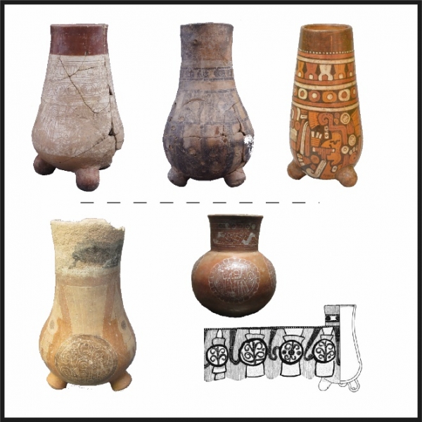Ilustración 4. Ejemplos de otros vasos trípodes provenientes de Sinaloa y Nayarit. Arriba: piezas con distintas composiciones. Debajo: ejemplos de composición en medallones.