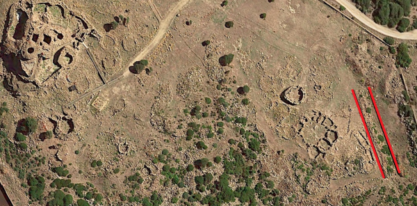 Figure 7. Aereal photo of Nuraghe Seruci with highlighted the pile heap of stones to the right near the site’s fence (Photo Credit: my elaboration of Google Earth 2019).