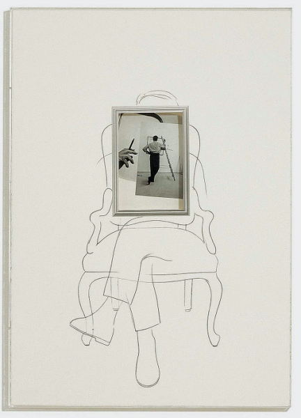 Fig. 5. Giulio Paolini, Reportage, 2001, 100x70, matita su carta in teca di plexiglas con ritaglio centrale, collage fotografico su parete. Collezione privata.