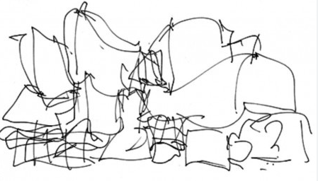Dessin de Franck Gehri, extrait du catalogue de l’exposition du centre Pompidou (oct. 2014-jan. 2015, Aurélien Lemonnier et Frédéric Migayrou, dirs.)