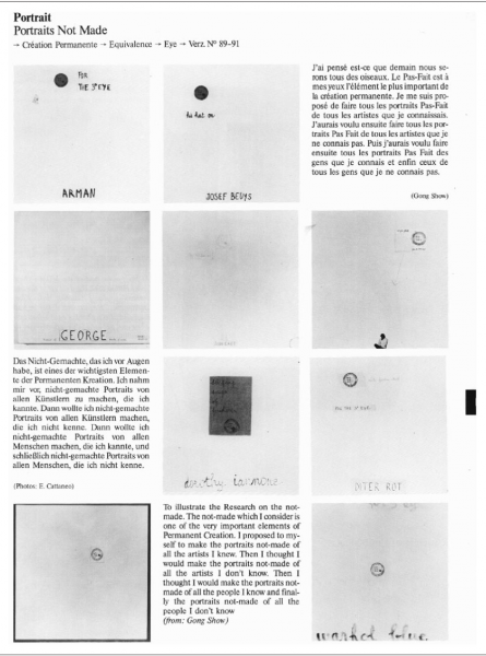 Figure 3 : Section P, ‘Portrait, Portraits Not Made ! Création Permanente ! Équivalence ! Verz. No. 89–91’ (Reprinted from Robert Filliou, Michael Erlhoff and Hannover, Sprengel Museum (1984). Cf. Fredrickson (2018)