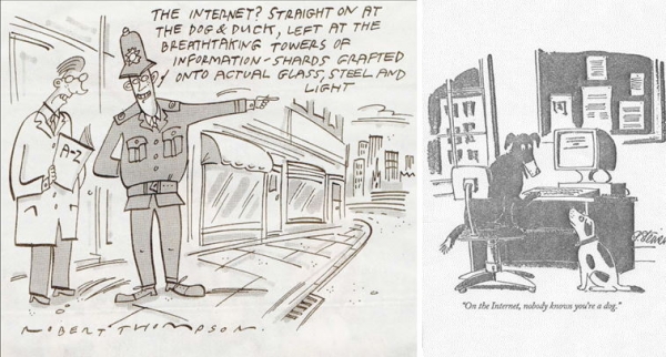 Figures 1 et 2: à gauche, Robert Thompson, The Guardian, Online section, 29 March 2001; à droite, Peter Steiner, The New Yorker, on July 5, 1993
