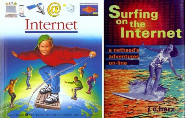 Figures 3 et 4 : à gauche, la couverture du livre enfants Internet (Gallimard et France Telecom, 1999) ; à droite, la couverture de Surfing on the web (Hertz 1995).