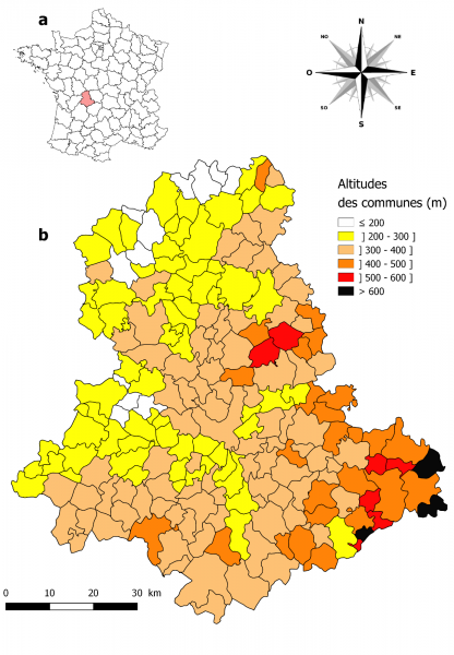 Fig. 1. Localisation de la Haute-Vienne sur le territoire français (a) et altitude moyenne des 200 municipalités constituant ce département (b). L’altitude moyenne est celle du chef-lieu de chaque commune.