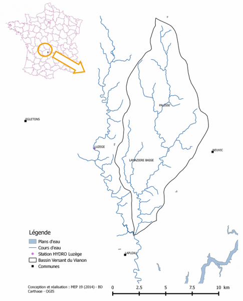 Figure 1 : Bassin versant du Vianon (19) ; localisation géographique et positionnement par rapport aux principaux affluents : la Luzège (à gauche) et la Dordogne (à droite). 