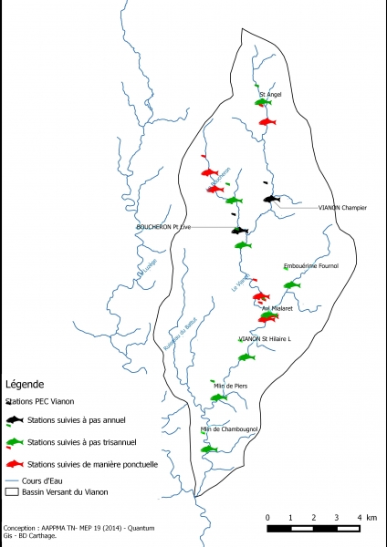 Figure 2 : Localisation des stations d'inventaire piscicole sur le bassin versant du Vianon