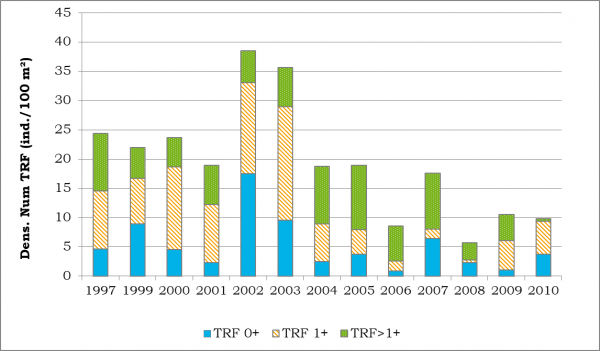 Figure 5 : Evolution des densités de truite commune par classes d'âge (0+, 1+ et >1+) pour la station de Champier (1997-2010).