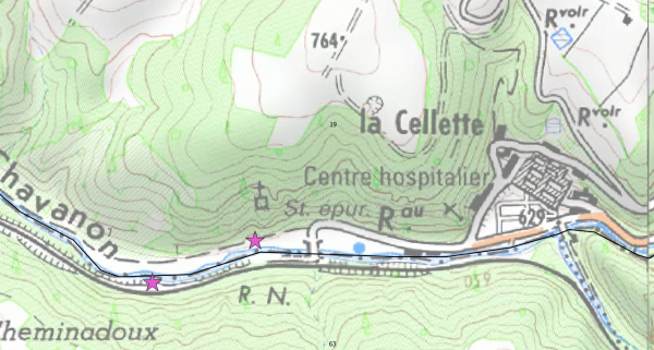 Fig. 1 – Localisation des sites de découverte d’Azeca goodalli dans la vallée du Chavanon (Monestier-Merlines_ Corrèze et Meisseix_Puy-de-Dôme).