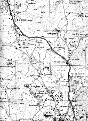 Figure n° 1 : Situation géographique des Arènes de Tintignac, commune de Naves, Corrèze (d’après la carte IGN au 1/25000ème Tulle)