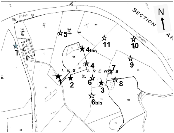 Figure 2 : Localisation des relevés de végétation (✩) et des relevés de végétation plus prélèvement de sol (✭) sur le site des arènes de Tintignac ; T : station témoin.