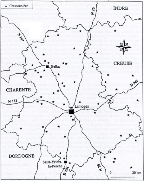 Figure 1. Localisation géographique des 59 cressonnières naturelles dans les trois départements du Limousin.