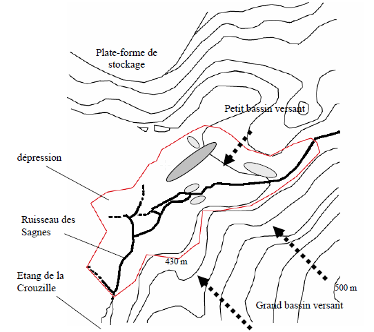 Figure 2 - Topographie de la tourbière de la Crouzille. Equidistance des courbes de niveaux : 10 m. Ellipses gris clair : profondeur de tourbe entre 150 cm et 180 cm ; ellipse gris foncé : entre 200 et 250 cm.