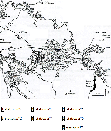 Carte n° 1 : LA FORET DE ROCHECHOUART, situation géographique des stations étudiées. (D’après M. Samy, 1994)