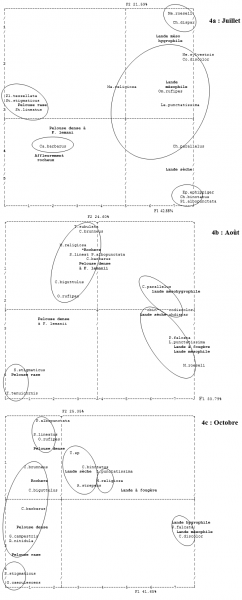 Figure 4. Projection des espèces et des milieux sur les 2 premiers axes de l'AFC 