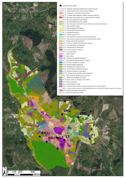 Figure 2 : Les habitats EUNIS de la Réserve Naturelle de la Tourbière des Dauges et la localisation des tentes Malaise (Durepaire et al., 2015).