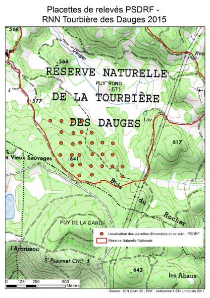 Figure 1 : Carte visualisant la localisation des placettes PSDRF sur le Bois du Rocher (CEN Limousin, 2017).