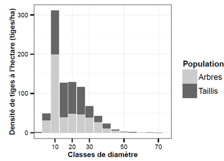 Figure 4 : Représentation de la densité des tiges à l’hectare en fonction des classes de diamètre. Carnet RN Tourbière des Dauges (Réserves Naturelles de France, 2015 .Avec l’autorisation de Réserves Naturelles de France).