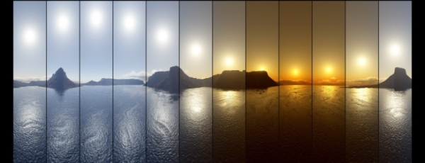 Figure 5. Soleil de minuit. La série de clichés représente le parcours quotidien du soleil tel que photographié à une latitude terrestre excédant celle du cercle polaire. Le soleil ne passe pas sous l’horizon, ou ne se couche pas (cliché Anda Bereczky).