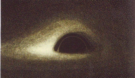 Figure 8. Apparence lointaine d’un trou noir sphérique entouré d’un disque d’accrétion. Photographie virtuelle d’un trou noir, calculée en 1978 sur ordinateur (reprise dans Luminet, 2006, p. 284). Image reproduite avec l’autorisation de l’auteur.
