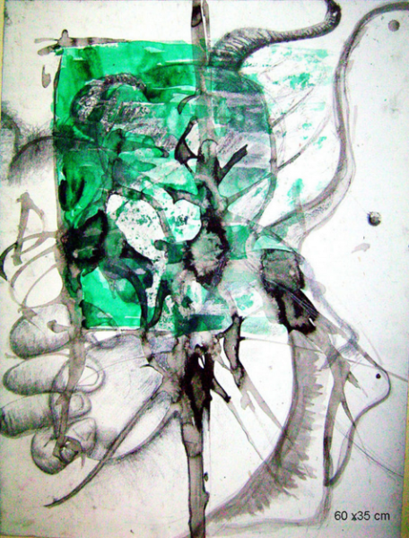 Titre, date, technique, 60 cm x 35 cm, Greenheart (2003, encre, crayon sur papier, 60 cm x 35 cm)