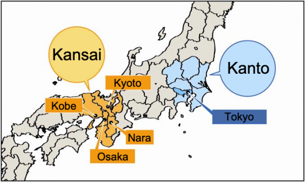 Figure 1: Kansai (including cities of Osaka, Kyoto, Kobe and Nara) and Kanto (including Tokyo) regions.