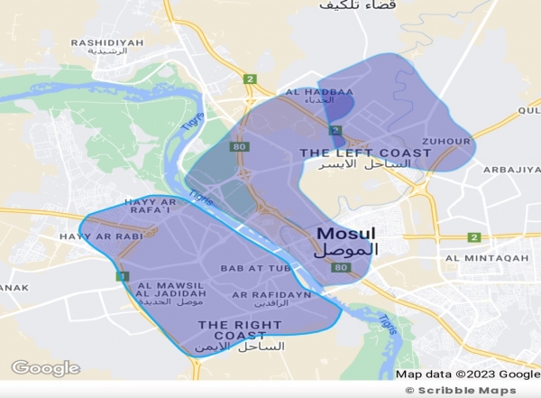 Figure 2: Qeltu-speaking areas inside Mosul (on both the Right & Left coasts)