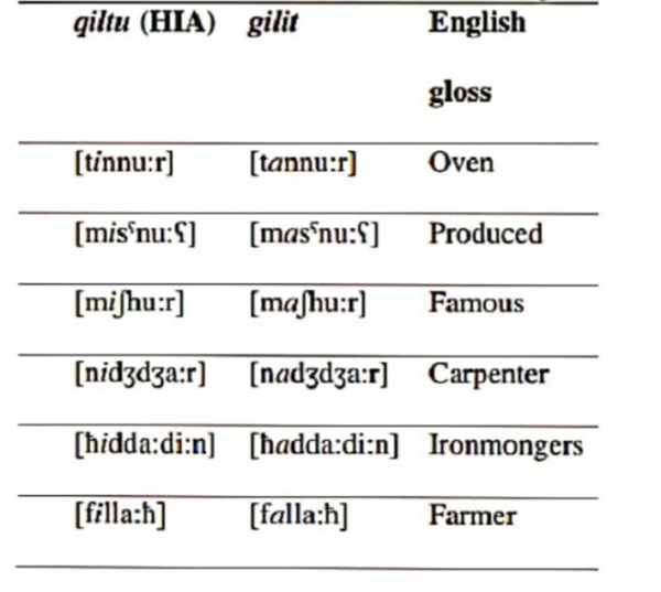Table 5: Words exhibiting vowel lowering of /i/ in Hiti Arabic