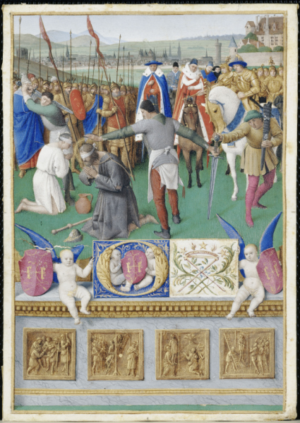 Figure 1. Jean Fouquet, Le Livre d'Heures d’Étienne Chevalier : Les Suffrages des Saints, Martyre de saint Jacques le Majeur, entre 1452 et 1460.
