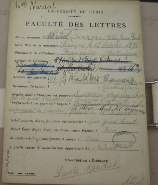 Inscription à la Sorbonne de Paulette Nardal