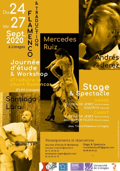 Figure 1 : Affiche des journées « Flamenco et traduction » (journées d’étude, workshop, stage et spectacle), 24-27 septembre 2020, Limoges